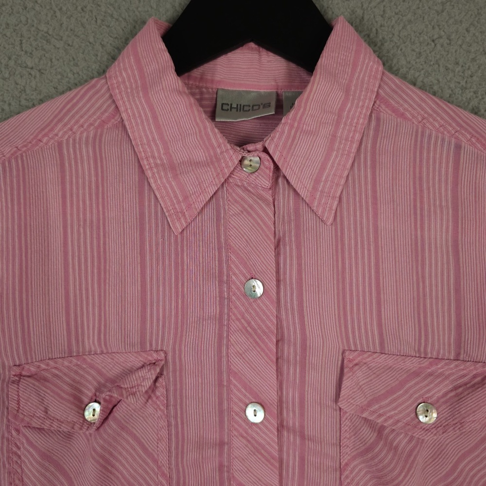 Chicos Shirt Womens 0 US Small Pink Striped Silk Linen Blend Button Up Casual - Picture 7 of 9